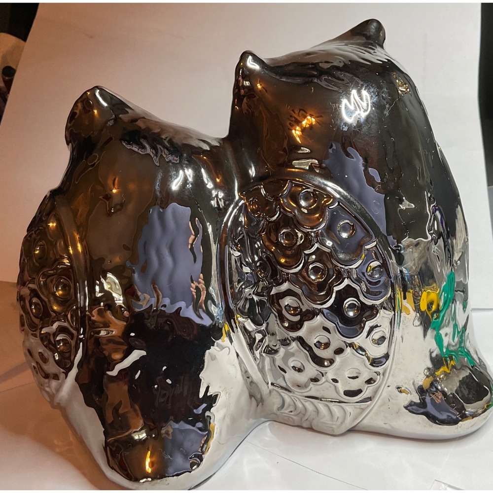 Chrome-Silver Double Owl Couple Figurine Mirrored,High-Shine Glazed Mosaic Eyes - Picture 2 of 8